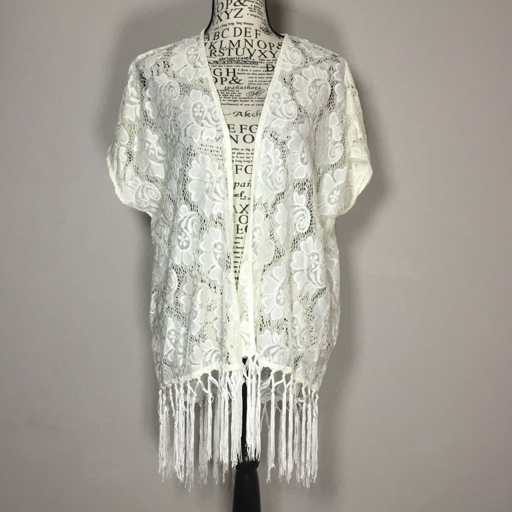 Creamy white open front duster lattice paisley crochet coverup cardigan M
